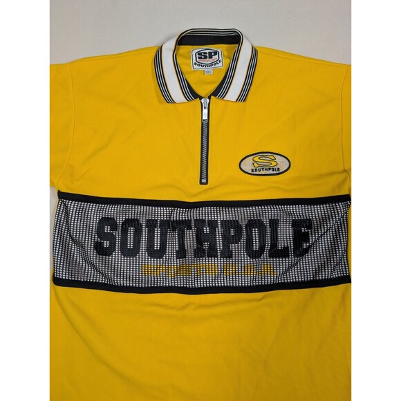 Vintage Southpole Jersey Polo Shirt L Yellow Quarter Zip Sporting Gear Spell Out - Picture 1 of 9